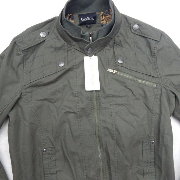 Mens Casual Military Jacket Stand Collar Zipper Pocket Cargo Jacket Army Green L - Picture 4 of 16